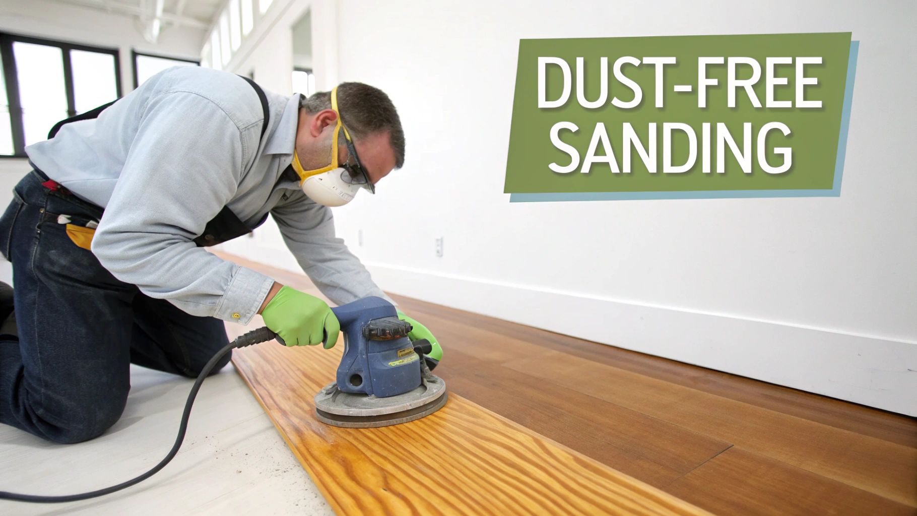 A person in a mask and gloves kneels, using an orbital sander on a wooden floor, demonstrating dust-free sanding.