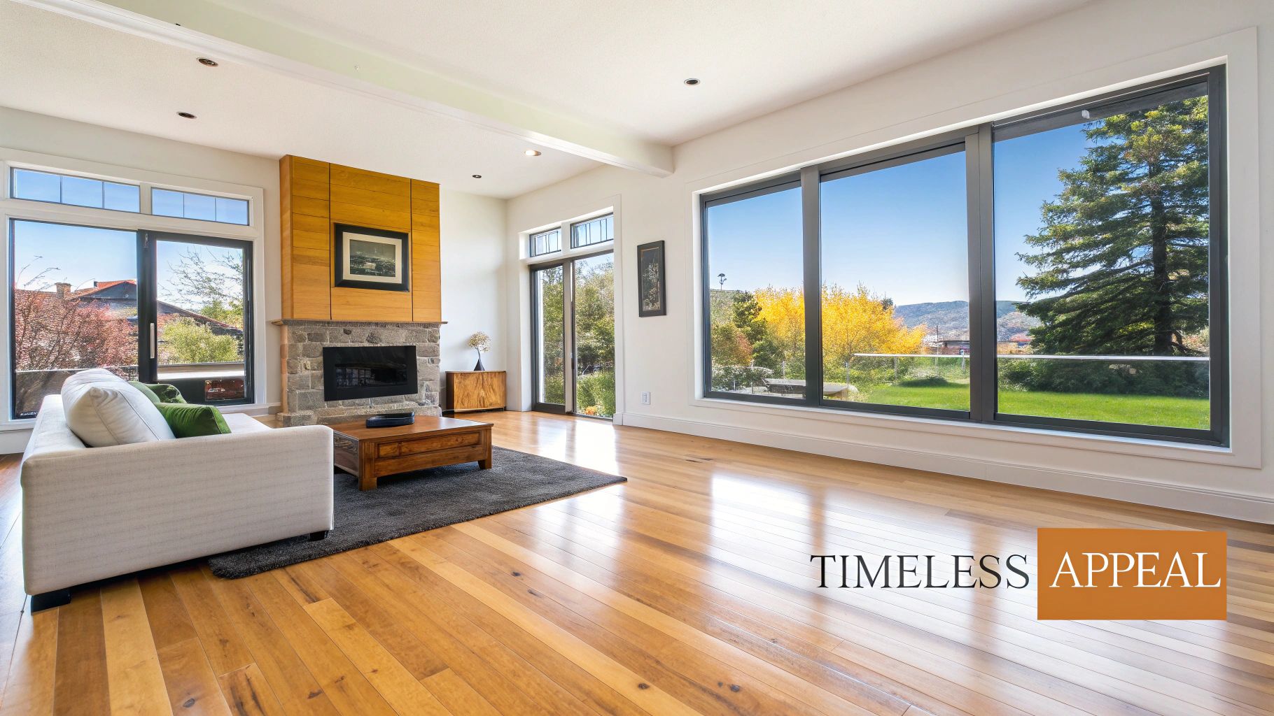 A bright and spacious living room featuring light hardwood floors, a white sofa, a stone fireplace, and large windows offering scenic outdoor views.