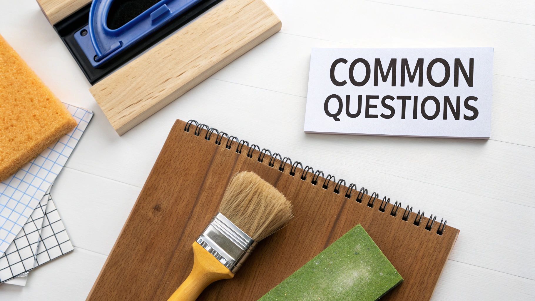 Tools for hardwood floor restoration including a sanding block, paintbrush, sponge, and common questions guide.