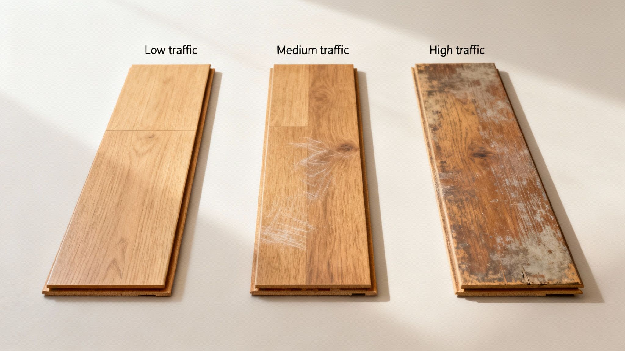 Three hardwood flooring samples show wear from low, medium, and high traffic, demonstrating damage over time.