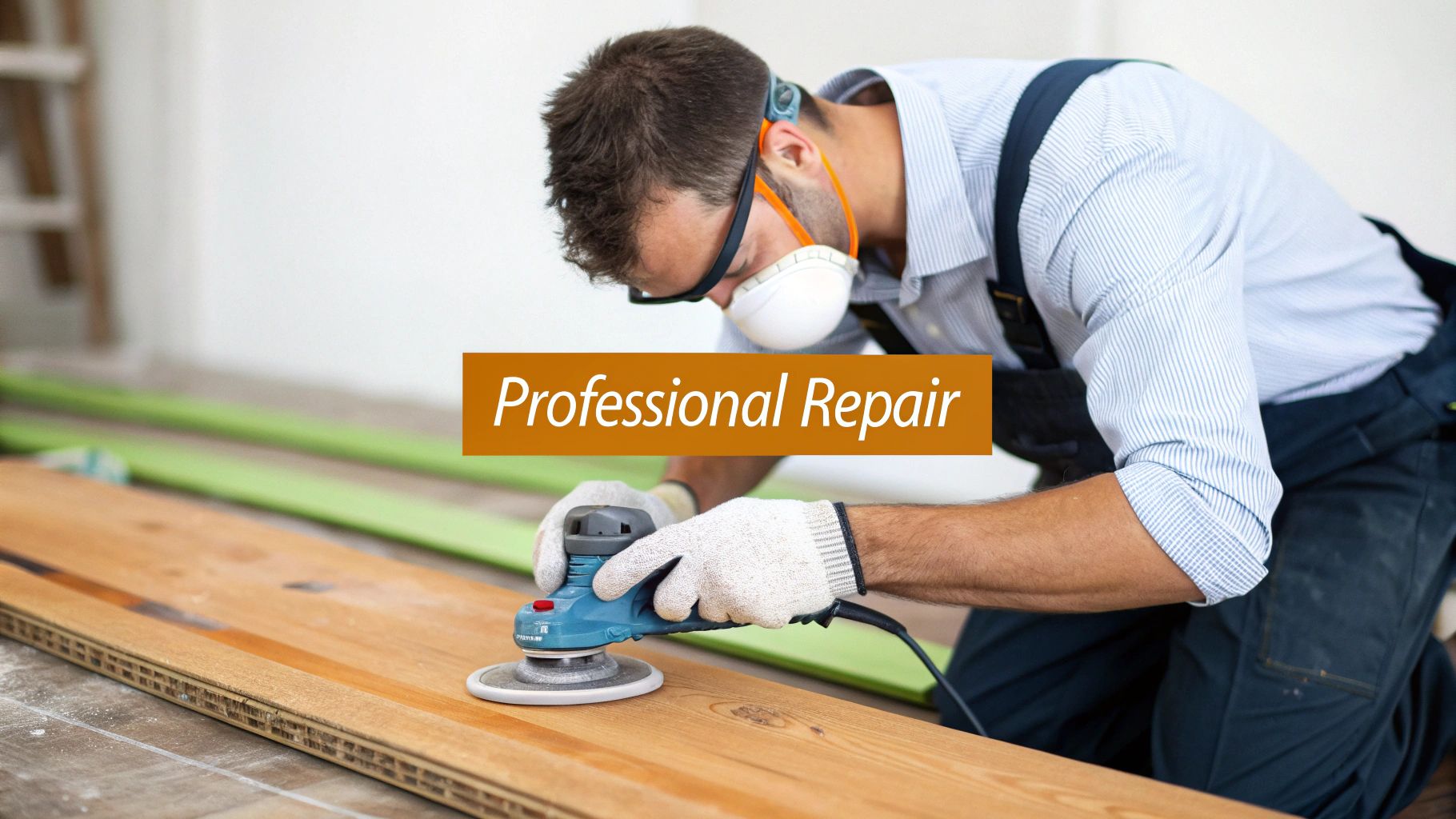 A man in safety gear uses an orbital sander to refinish wooden flooring, emphasizing professional repair.