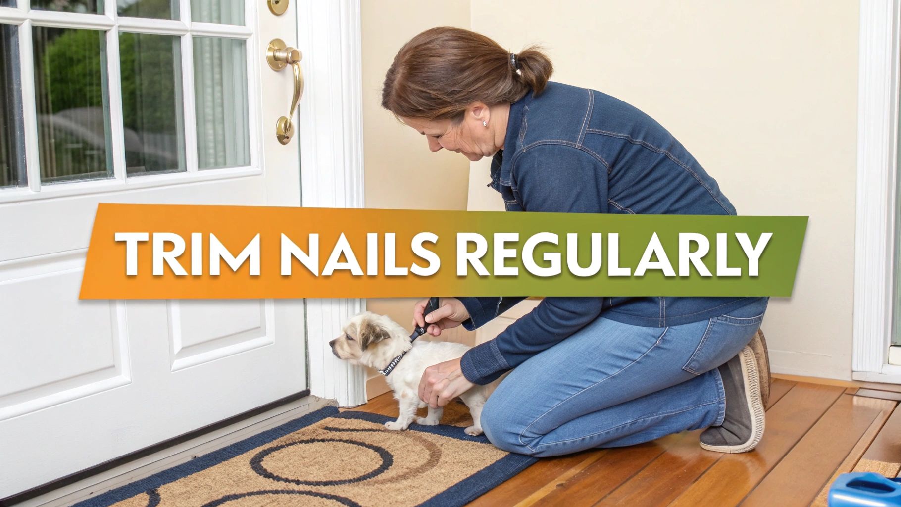A woman kneels on a wooden floor, trimming the nails of a small dog near a white door, emphasizing regular pet grooming.