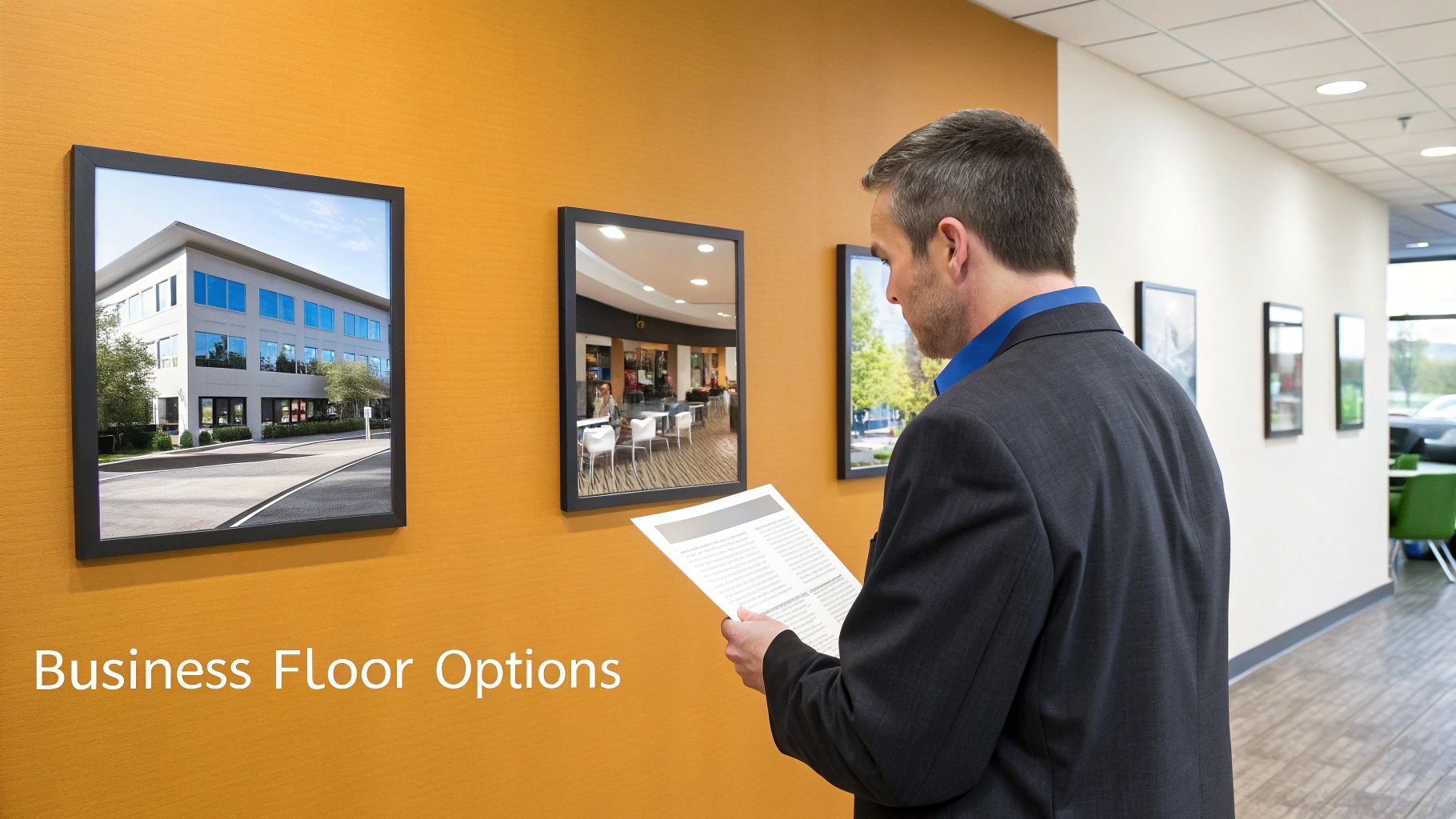 A man in a suit reads a document while looking at framed images of commercial buildings and interiors.