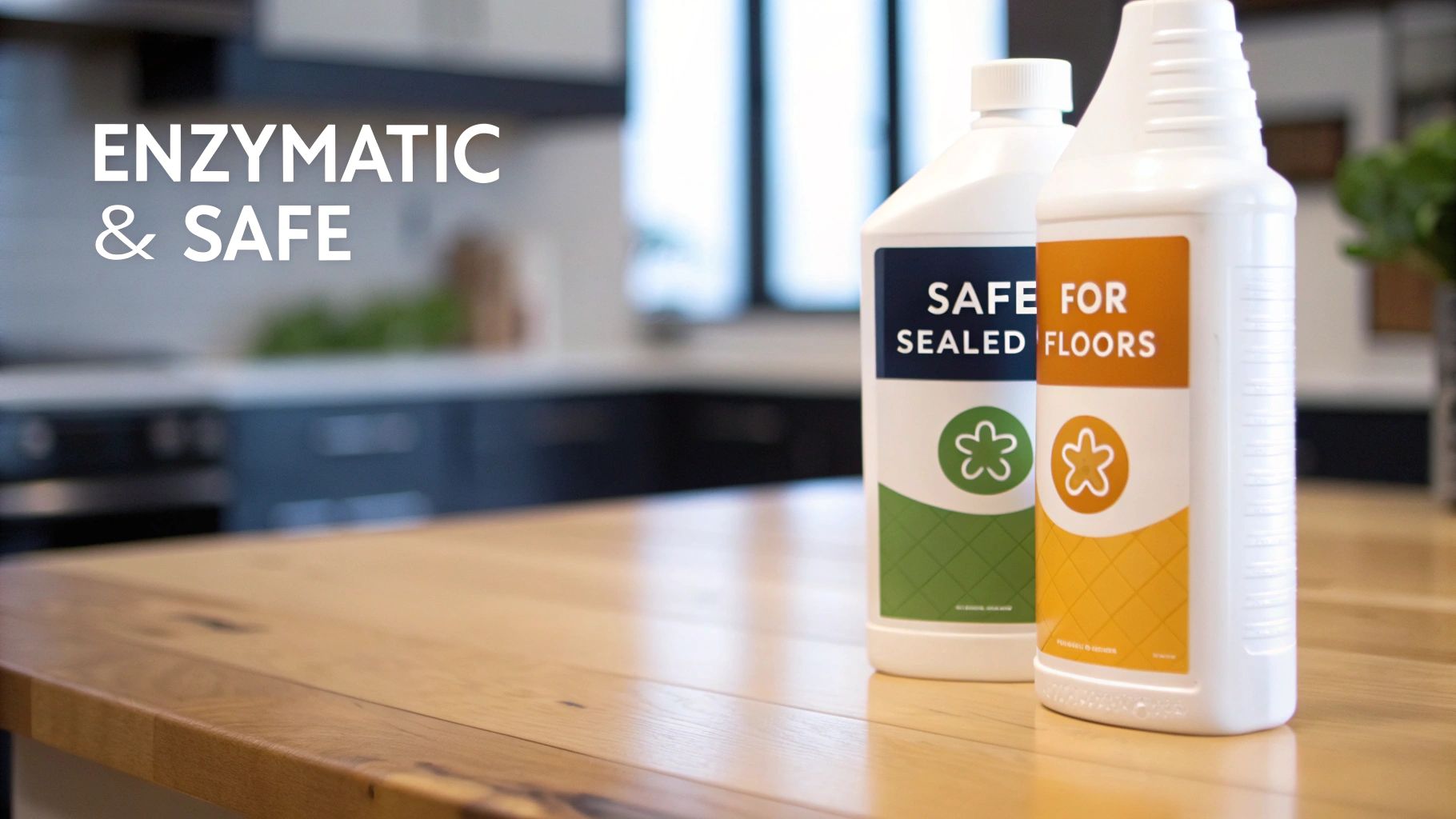 Two enzymatic and safe cleaning product bottles for sealed floors on a wooden surface in a kitchen.