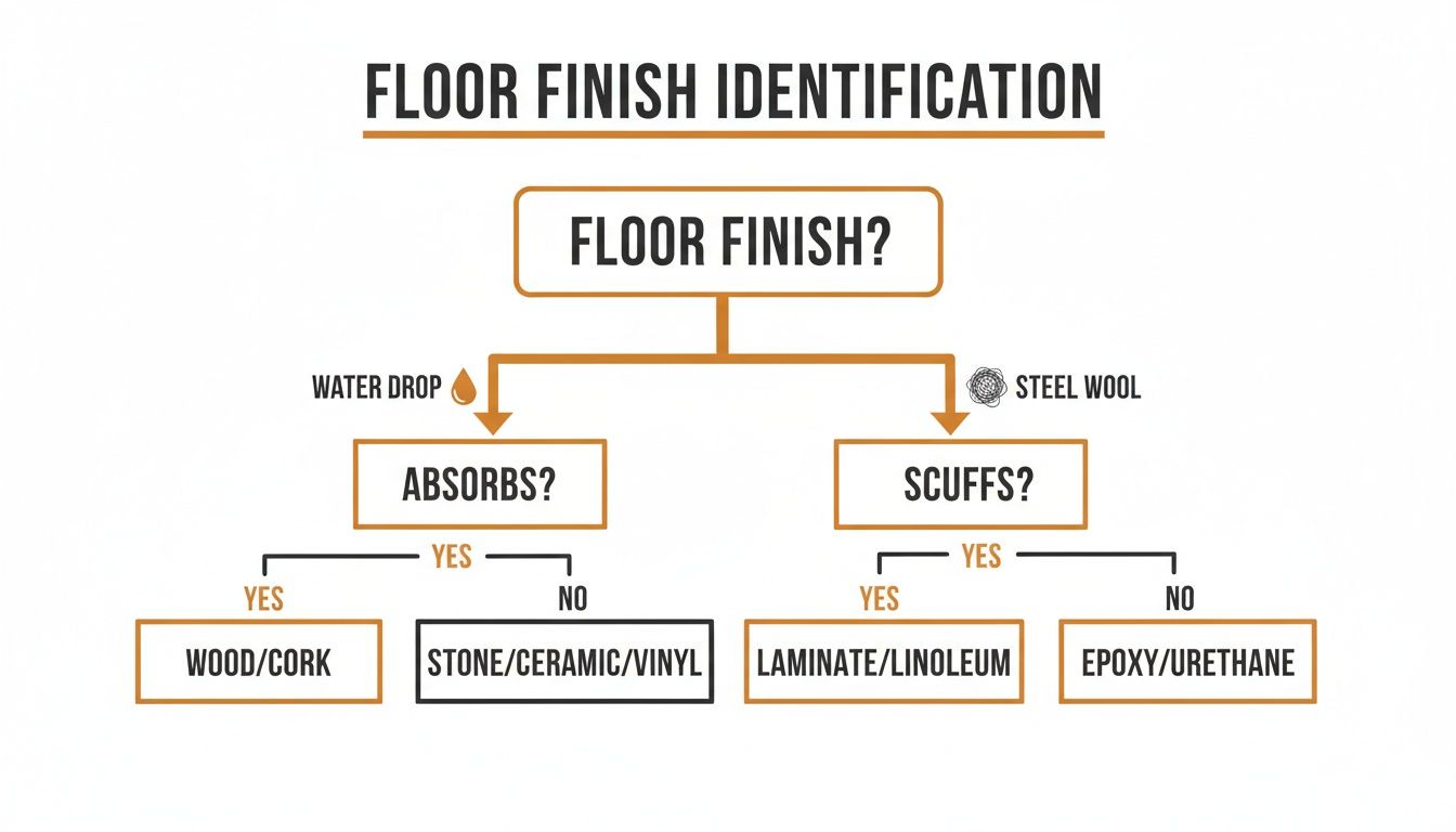 A decision tree illustrating floor finish identification through water drop and steel wool tests.