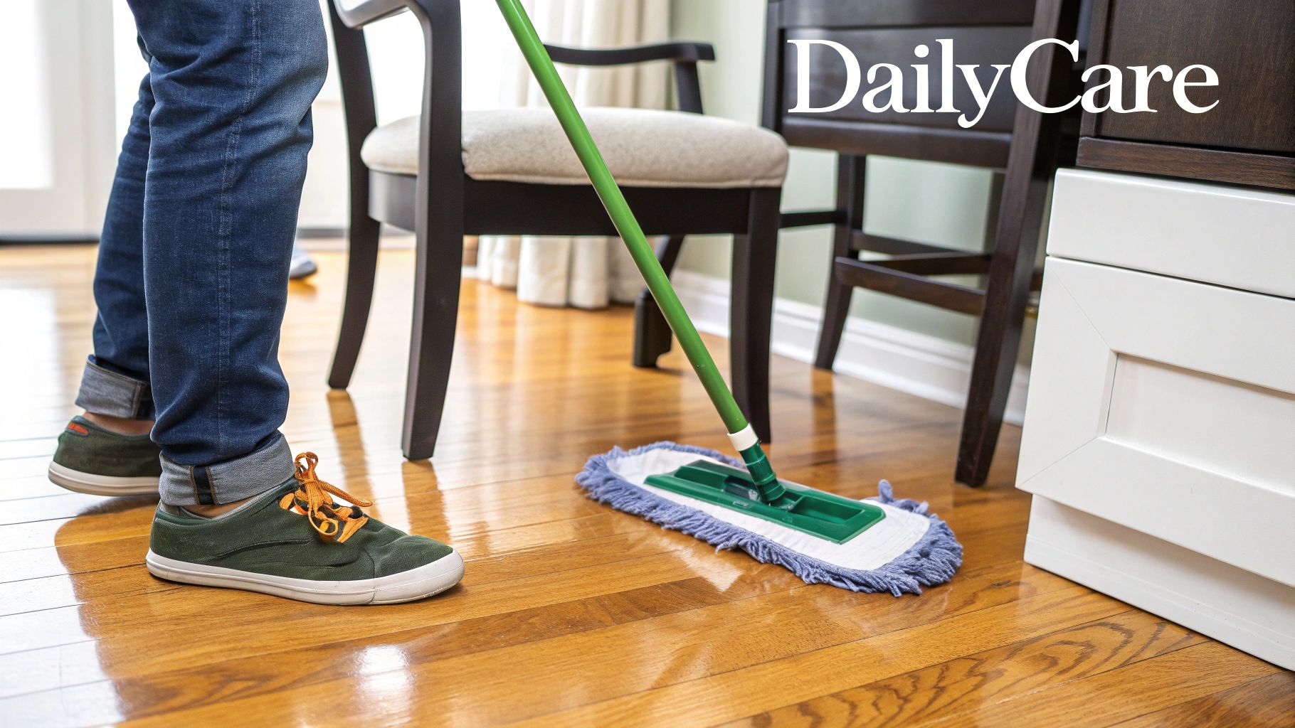 A person in jeans and green sneakers mops a shiny hardwood floor with a green mop.