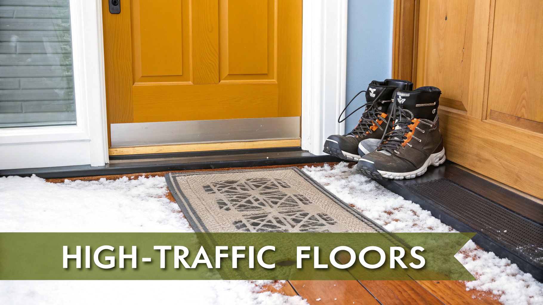 Entryway with snow on high-traffic floors, a mat, and winter boots by two doors.