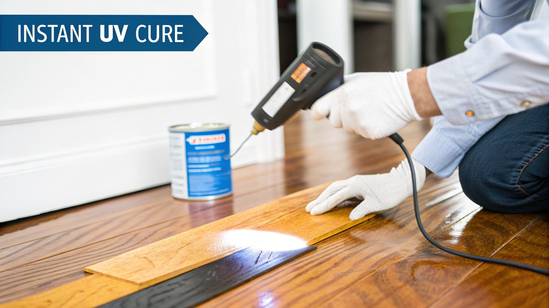 Person using a handheld UV light tool to instantly cure a repair on hardwood flooring.