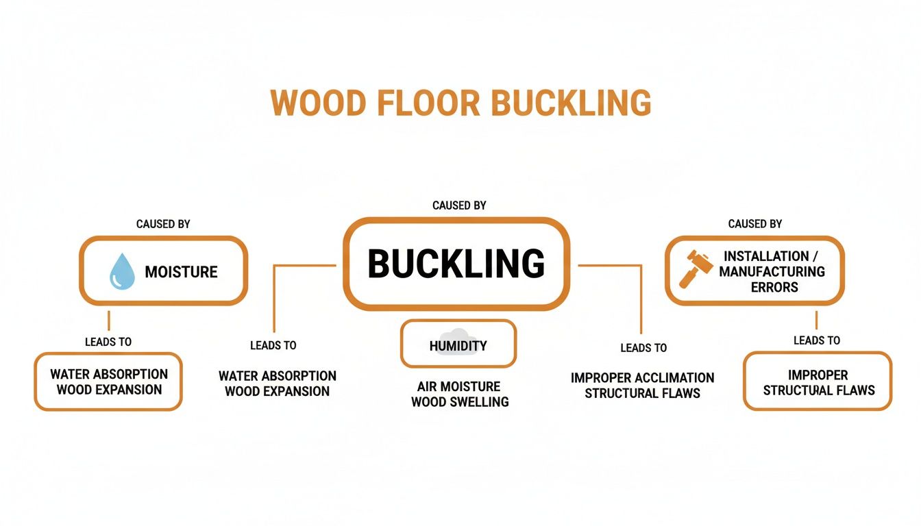 Mind map illustrating the causes of wood floor buckling due to moisture, humidity, and installation errors.