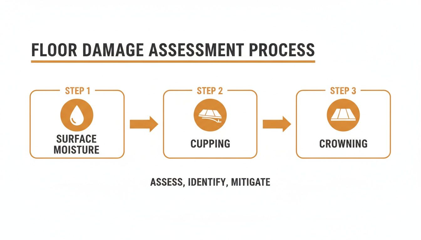 Infographic showing a floor damage assessment process with steps: surface moisture, cupping, and crowning.
