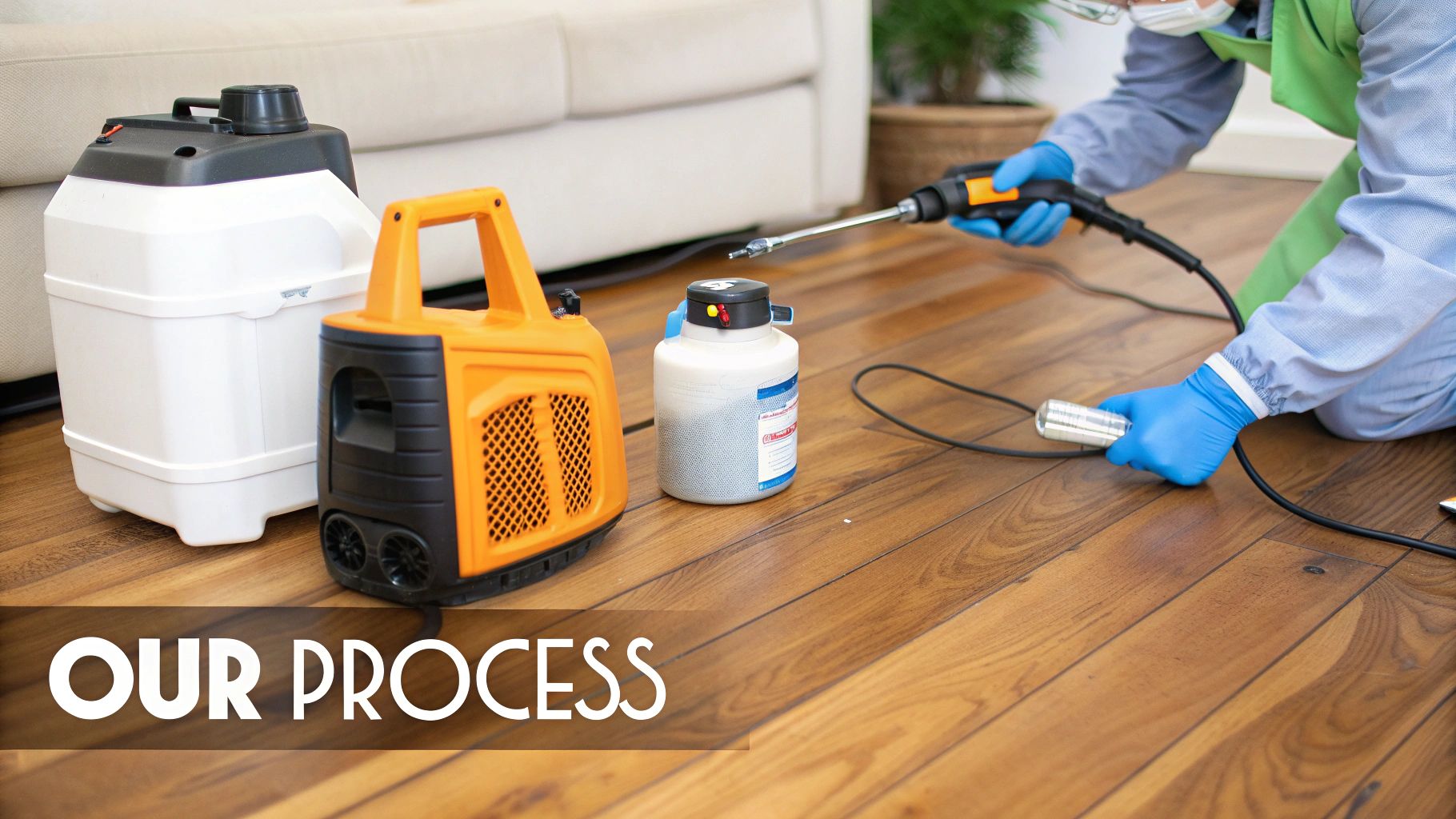 A professional in protective gear uses a sprayer on a wooden floor with disinfection equipment nearby, illustrating a process.