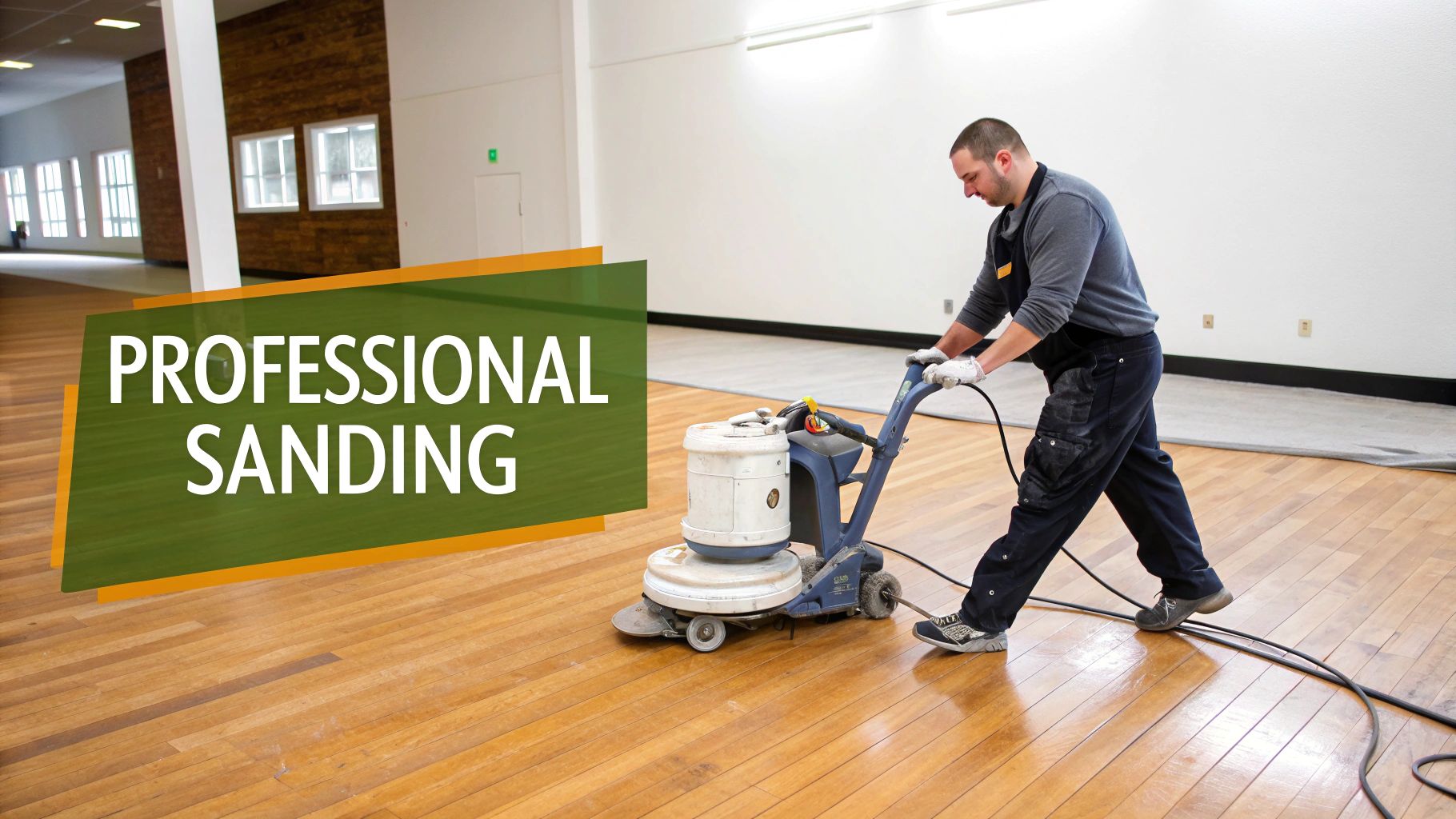 A professional worker uses a large floor sanding machine to refinish a wide hardwood floor.