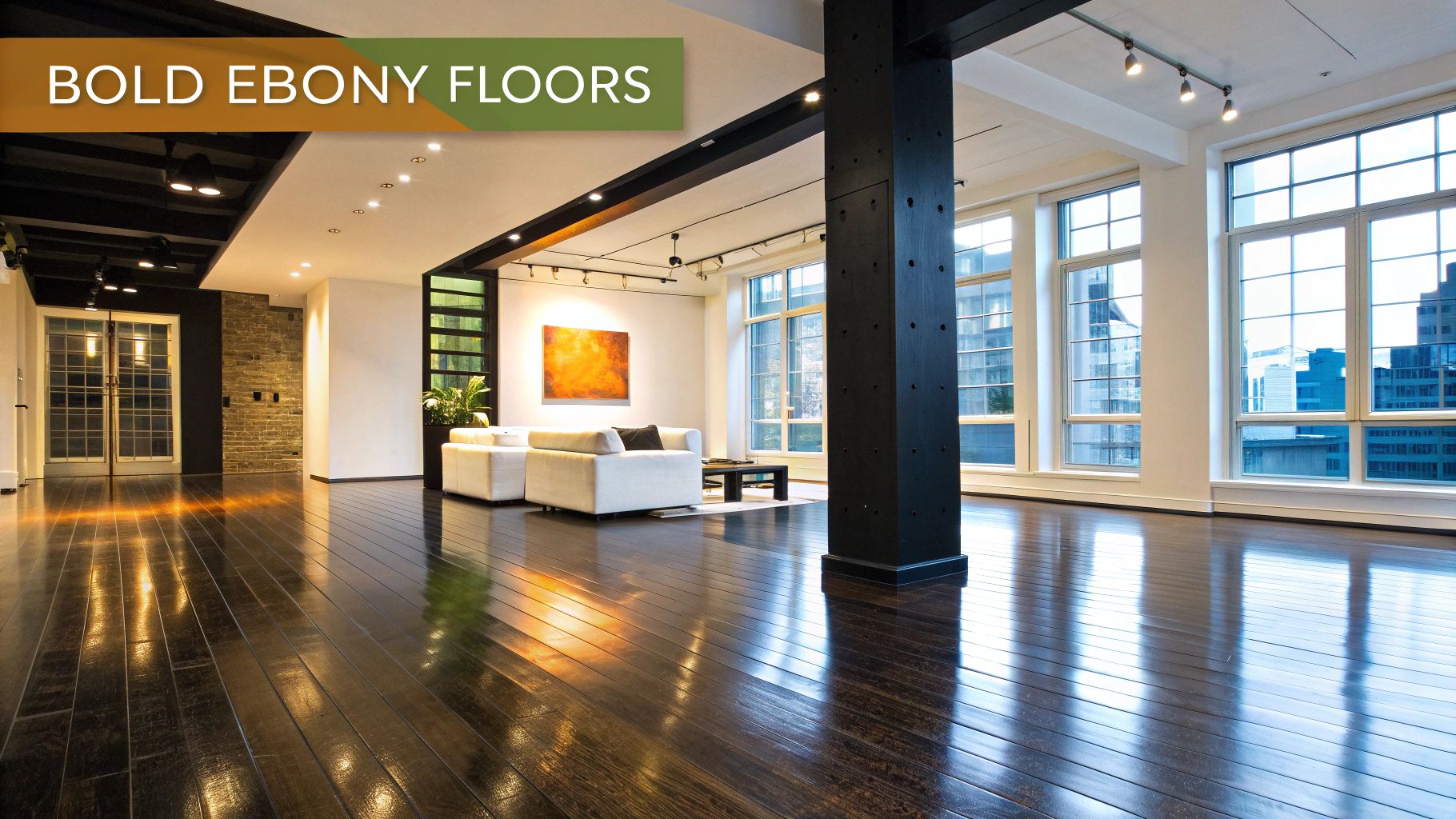 Spacious living area with dark, glossy wooden floors, white sofas, and large windows.