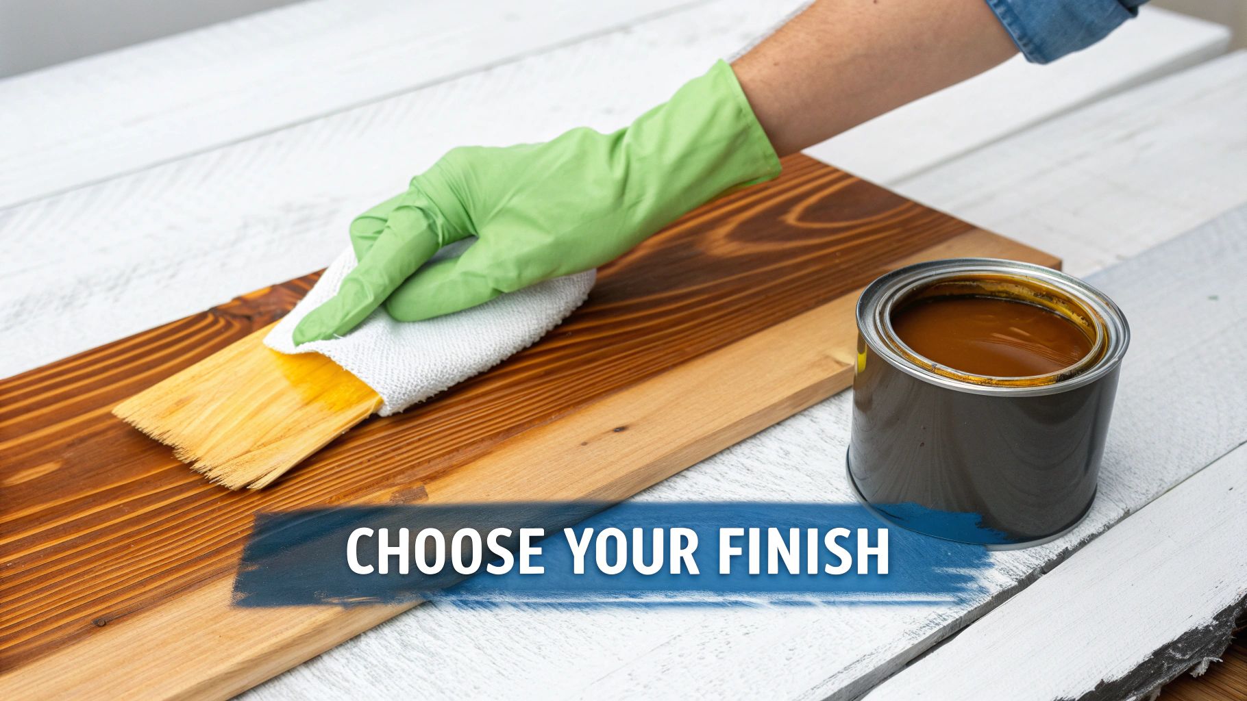 A person in green gloves applies wood stain with a cloth to a wooden board, with a can of finish nearby.