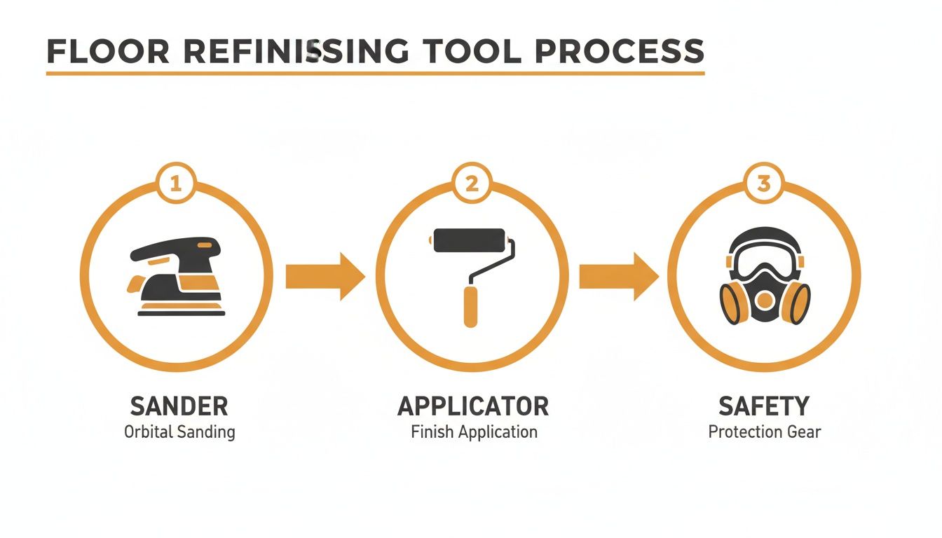 Visual process of floor refinishing tools: sander, applicator, and safety protection gear.