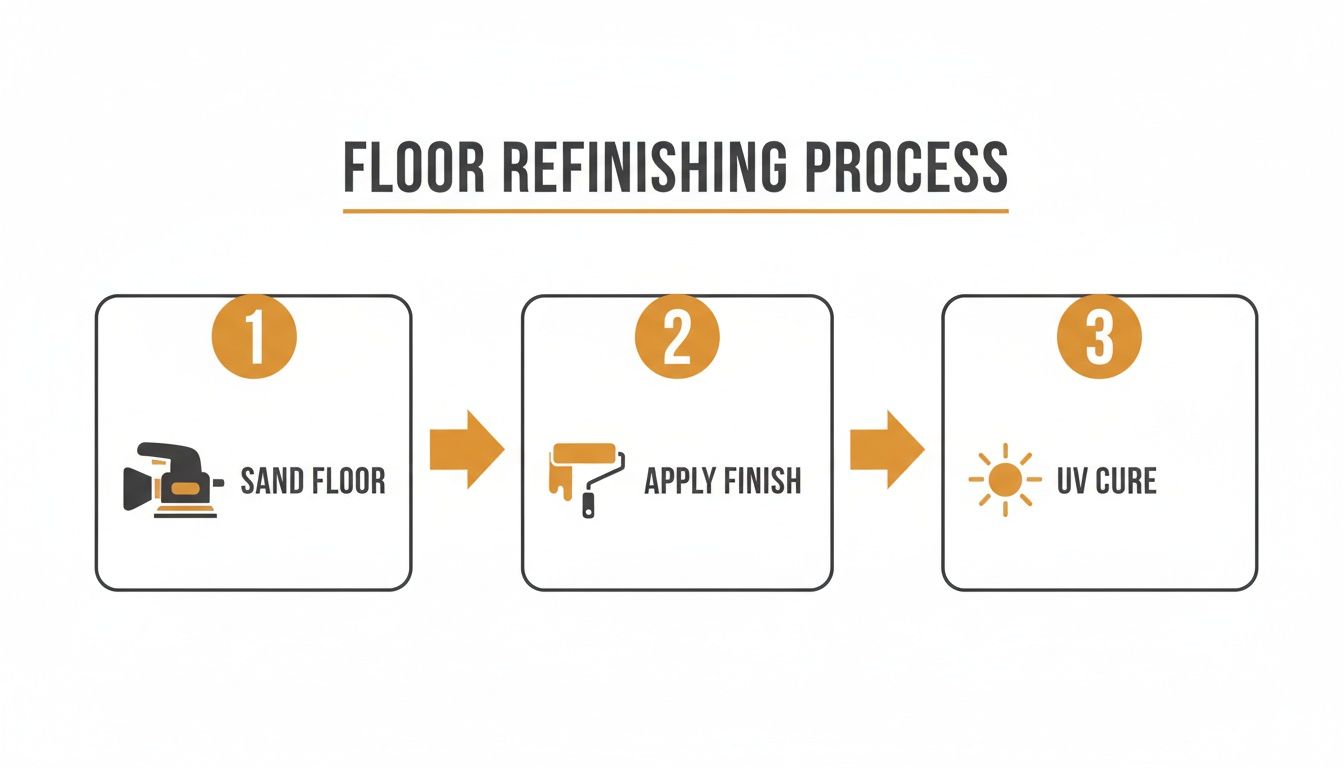 Diagram illustrating the 3-step floor refinishing process: sand floor, apply finish, and UV cure.