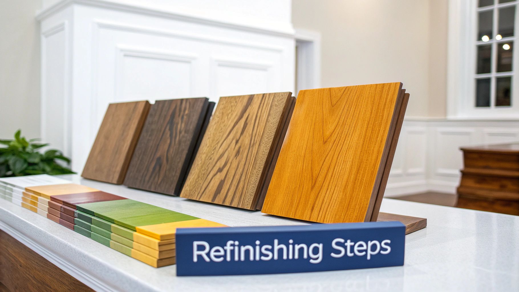 Display of wood floor samples, color swatches, and a 'Refinishing Steps' sign.