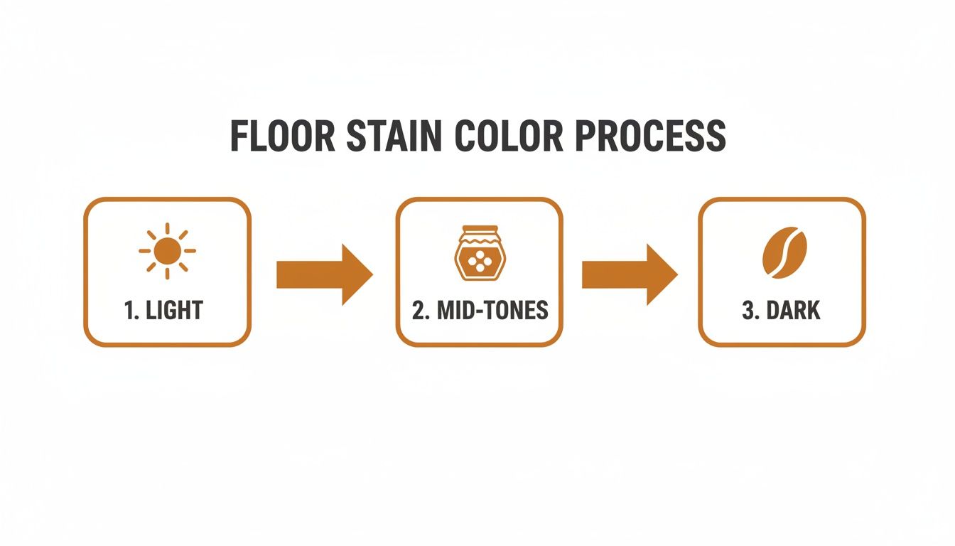Diagram showing the floor stain color process from light (sun) to mid-tones (honey) to dark (coffee bean).