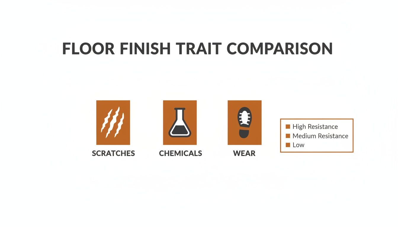 Infographic comparing floor finish resistance to scratches, chemicals, and wear, with a resistance legend.