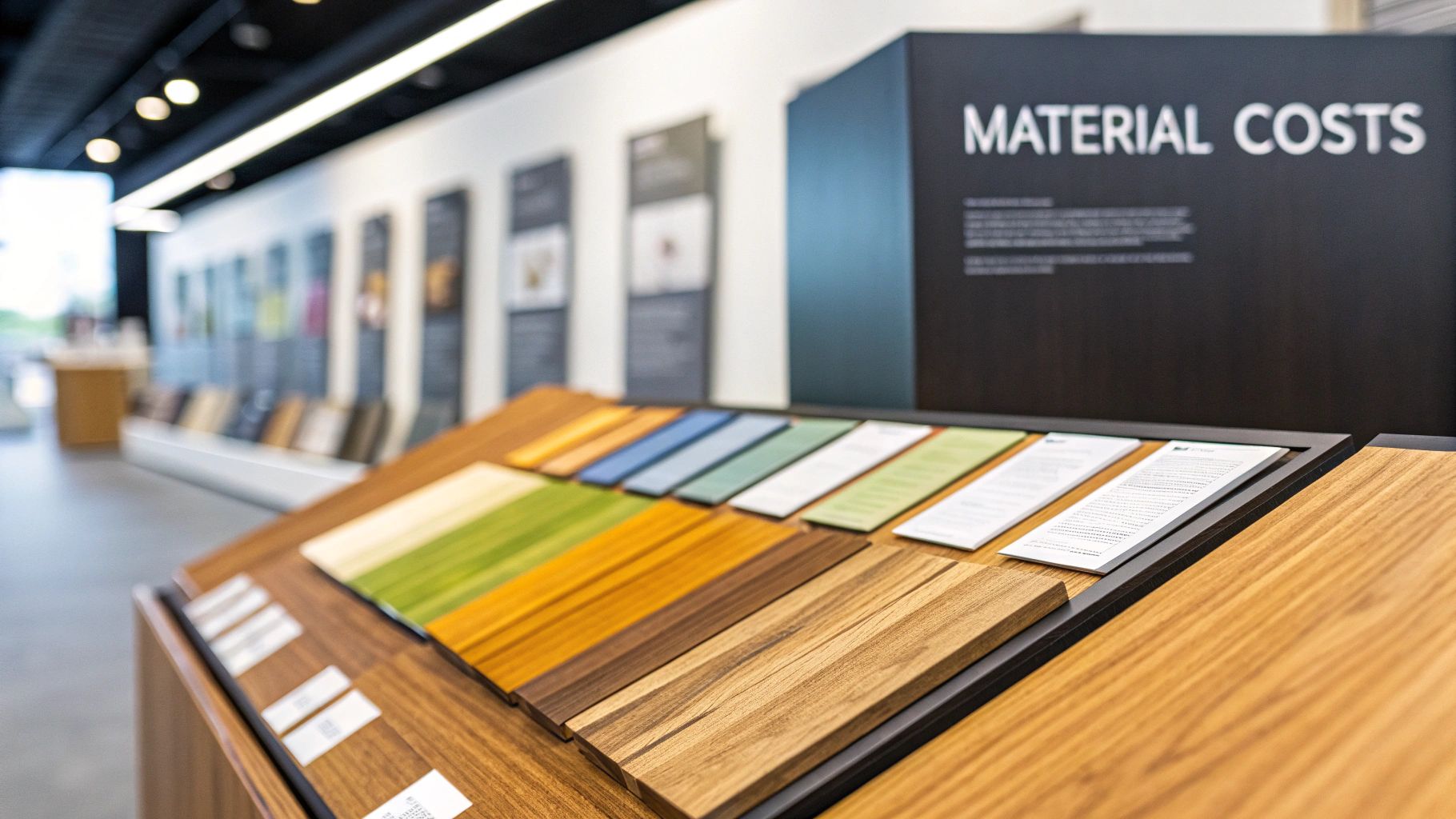 A showroom display features various wood and colorful material samples with a 'Material Costs' sign.