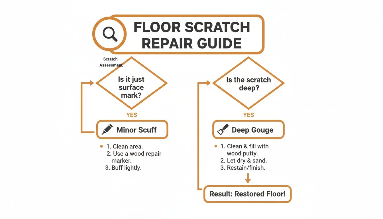 A flowchart illustrating a floor scratch repair guide, differentiating between minor scuffs and deep gouges.
