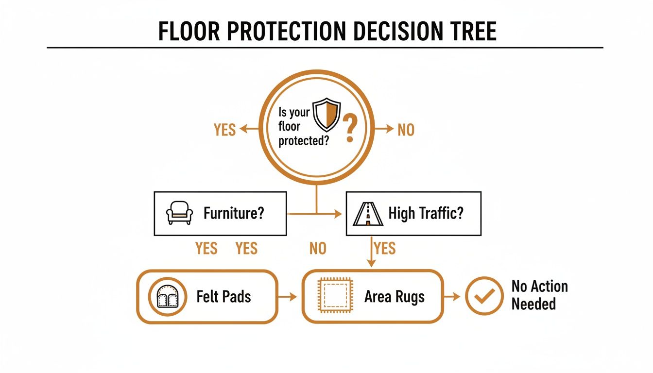 Decision tree outlining steps for floor protection based on furniture and high traffic.