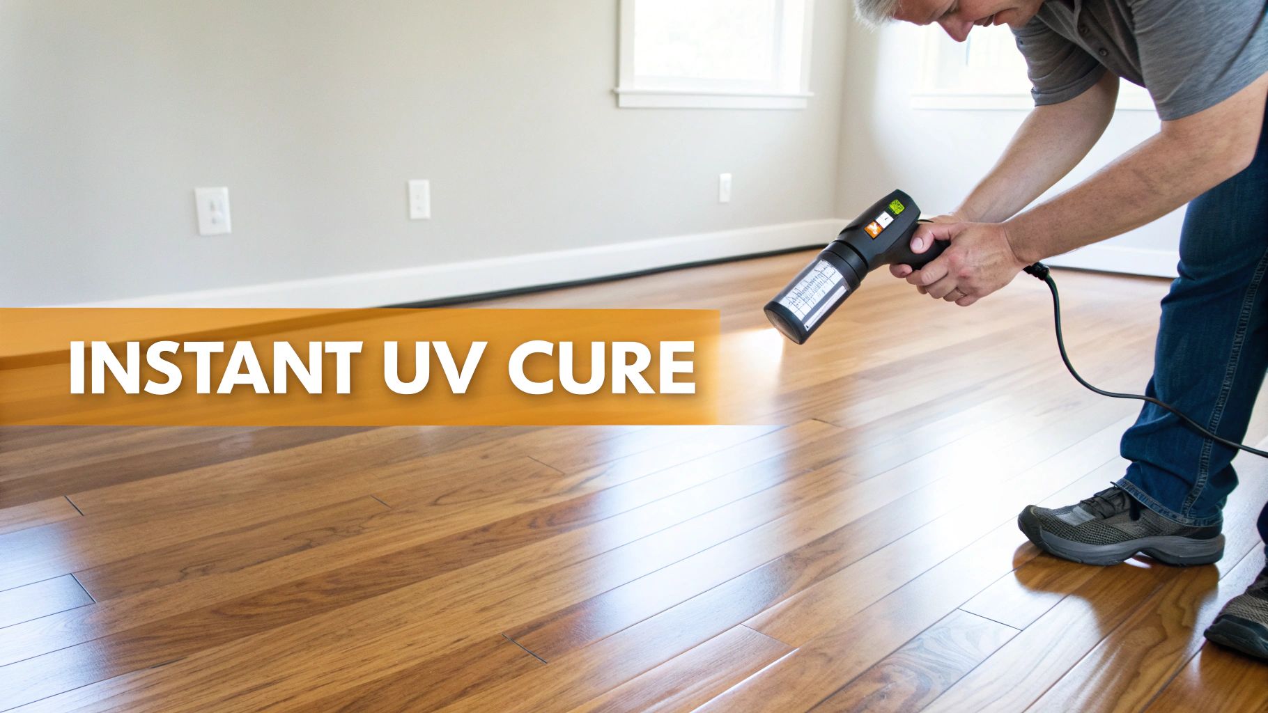 A person uses a handheld UV curing light tool on a freshly treated hardwood floor.