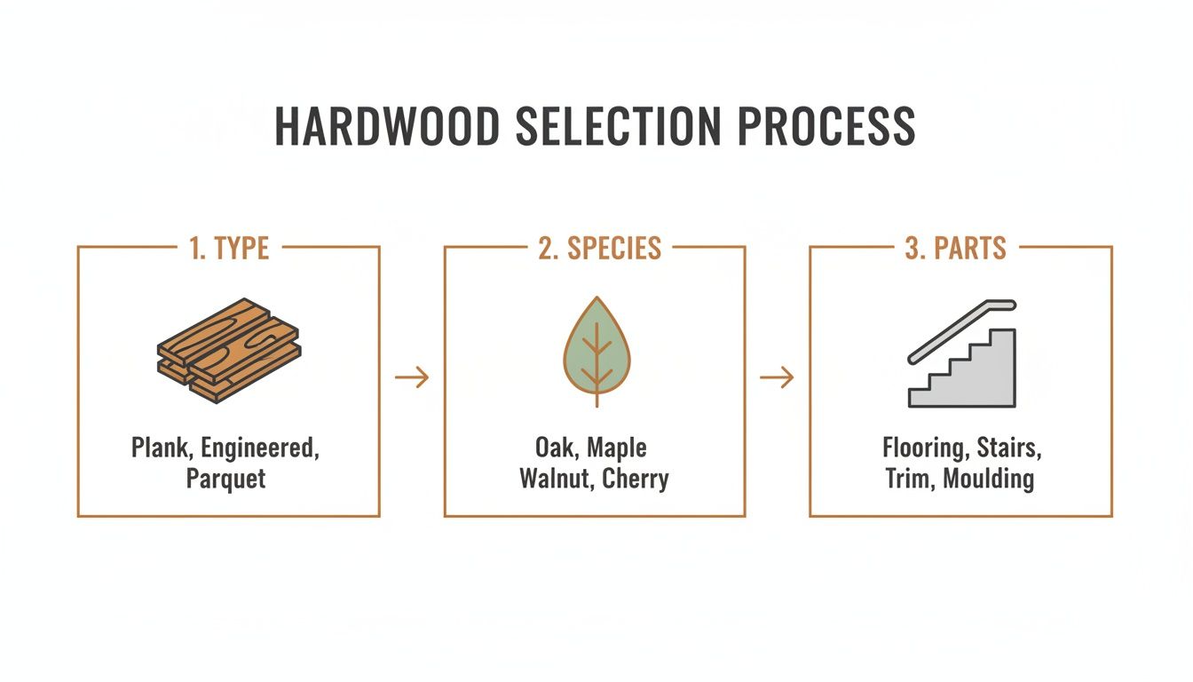 Infographic detailing the hardwood selection process, from type and species to various parts like flooring and stairs.