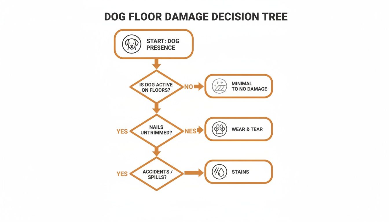 Decision tree illustrating how dog presence, activity, nails, and accidents lead to floor damage types.