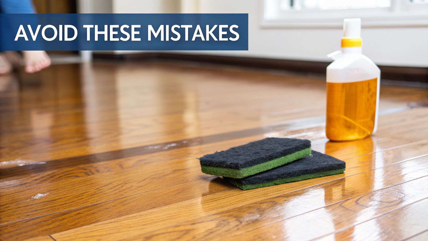 Cleaning sponges and bottle on a polished wooden floor with visible scuff marks.
