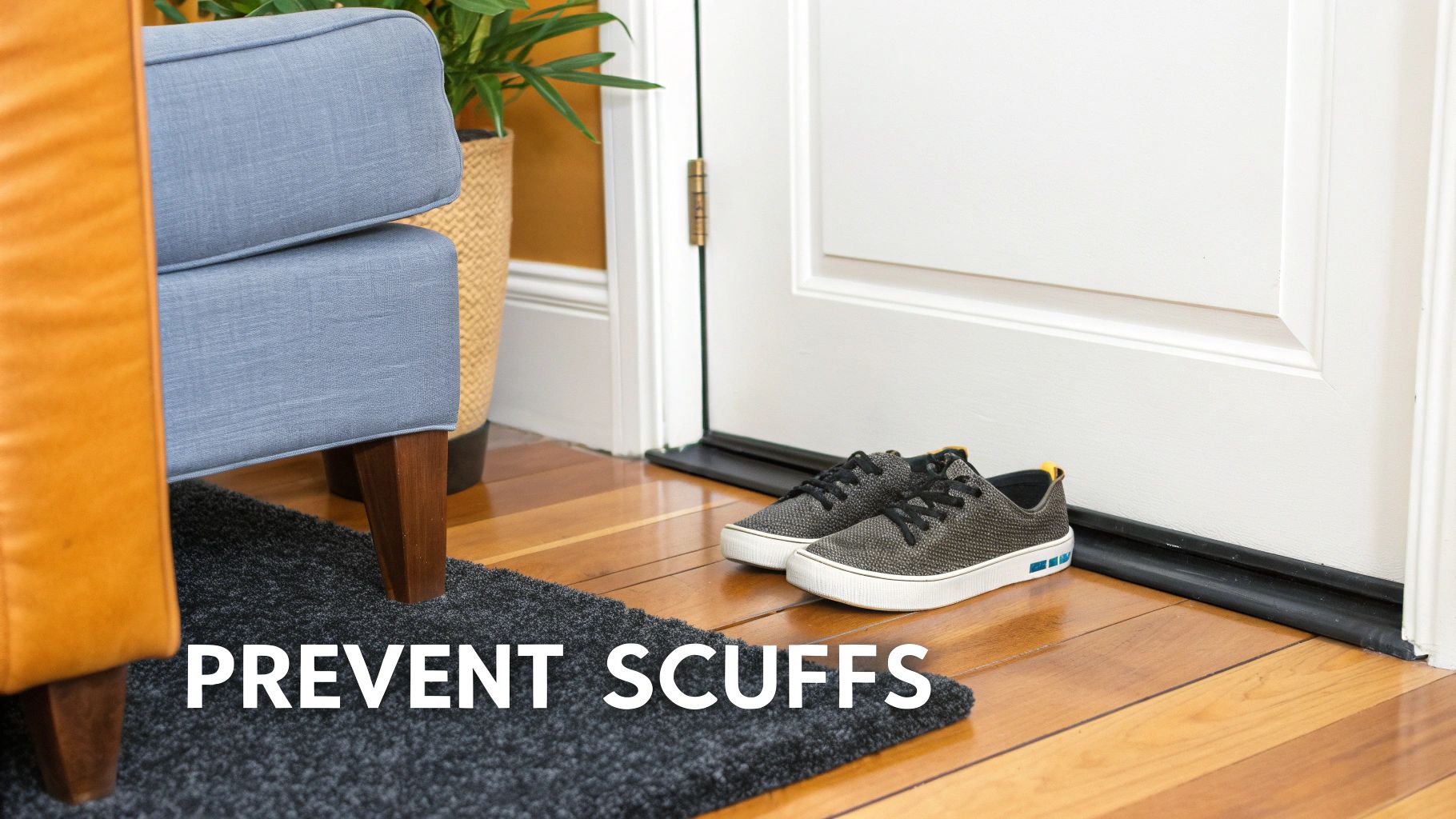 Grey sneakers on hardwood floor next to a white door, with a black door sweep to prevent scuffs.