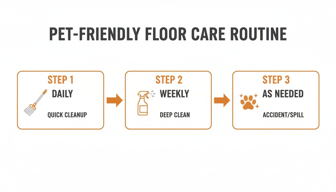 A three-step pet-friendly floor care routine: daily quick cleanup, weekly deep clean, and as-needed spill cleaning.