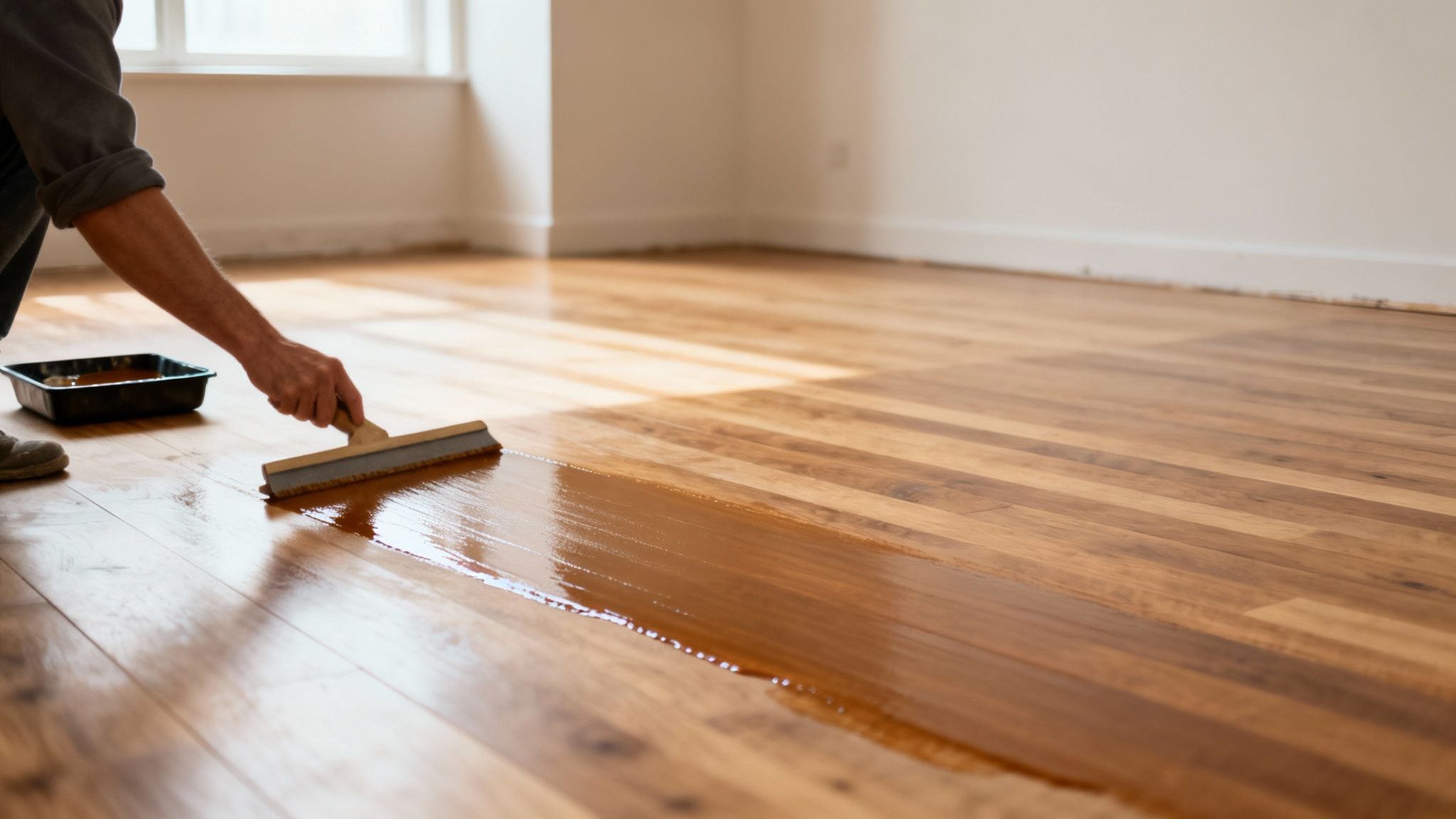 A person applies a fresh coat of stain or finish to a hardwood floor using a wide applicator.
