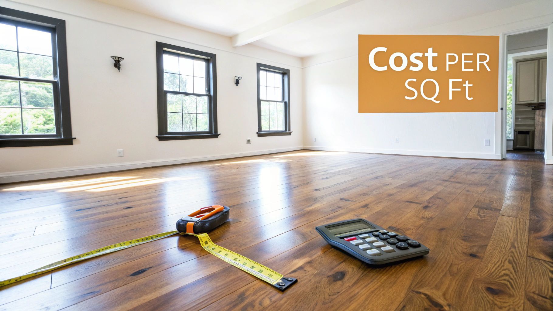 An empty room with hardwood floors, a calculator, and tape measure, suggesting cost estimation per square foot.