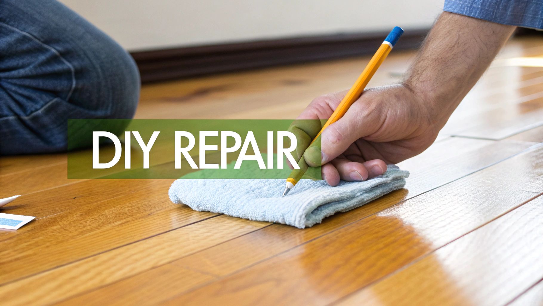 A person's hand using a pencil and cloth to perform a DIY repair on a wooden floor.