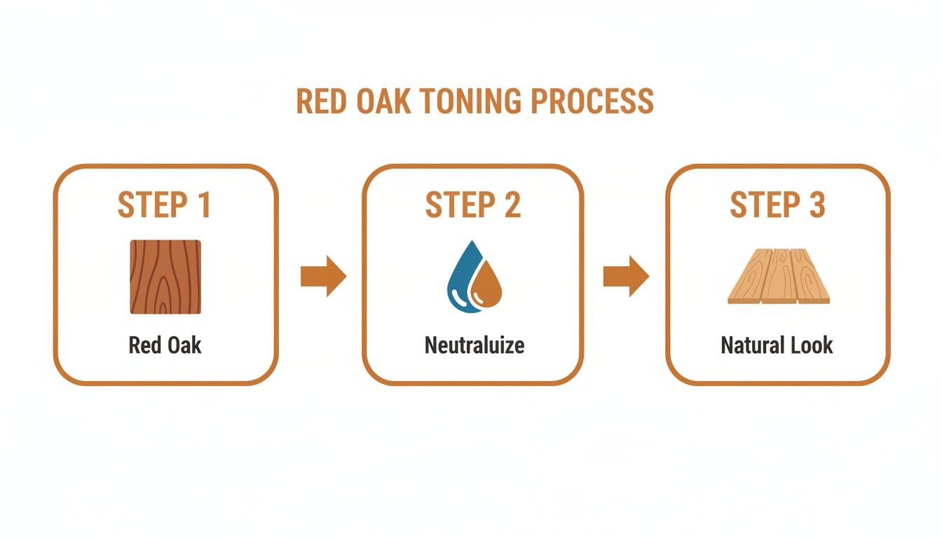 An infographic illustrating the three-step red oak toning process: starting with red oak, followed by neutralization, and resulting in a natural wood look.