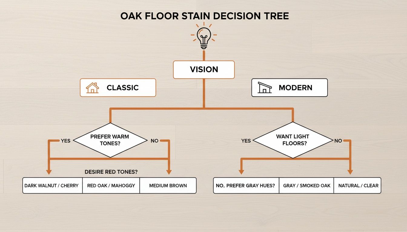 Oak floor stain decision tree guiding users to classic or modern styles based on tone preferences.
