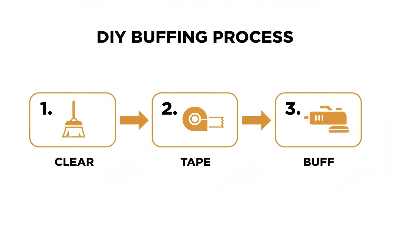 Diagram illustrating the DIY buffing process: clear, tape, and buff, with tool icons.