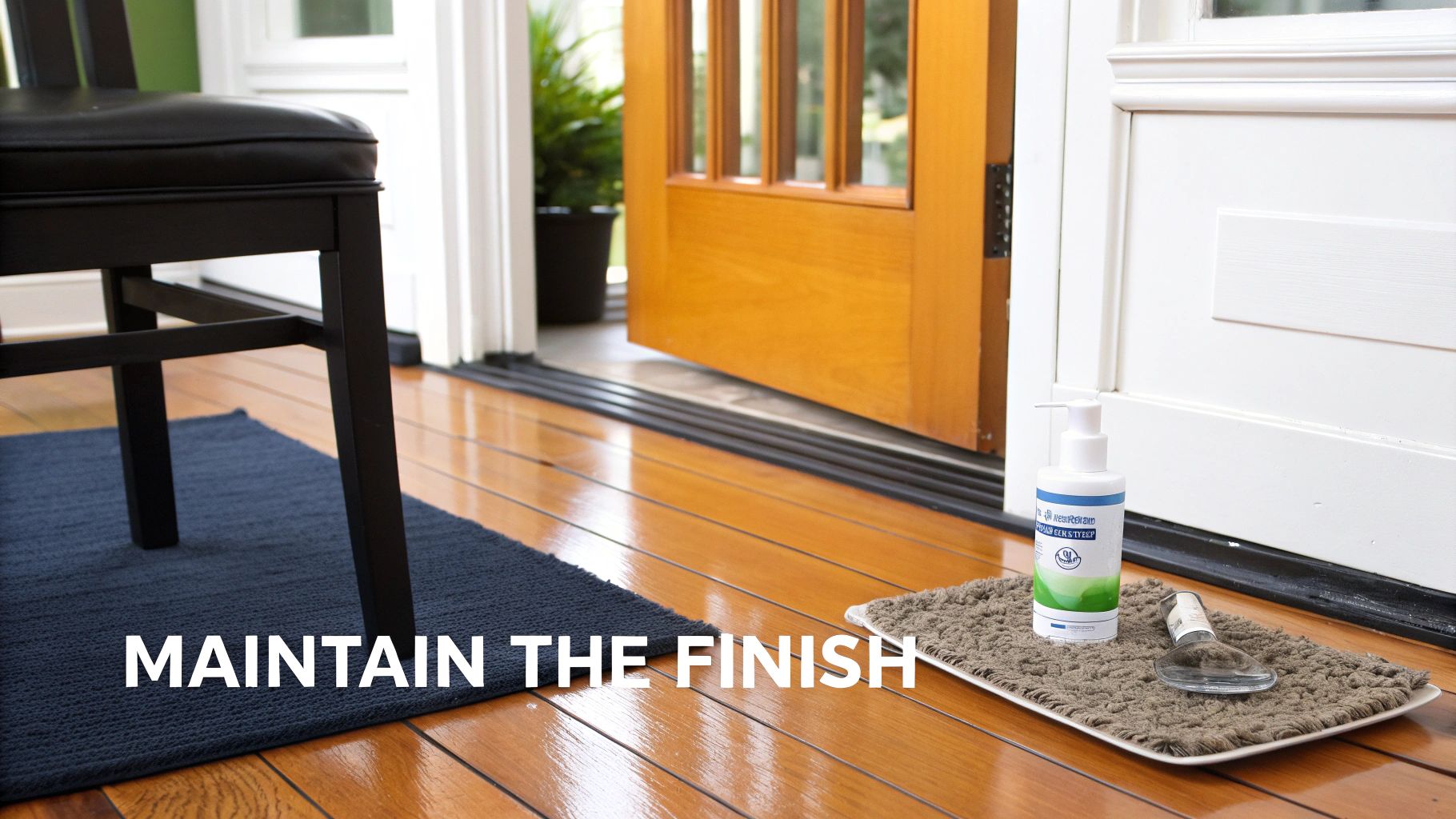 Cleaning products on a mat next to polished hardwood floors, with text 'MAINTAIN THE FINISH'.
