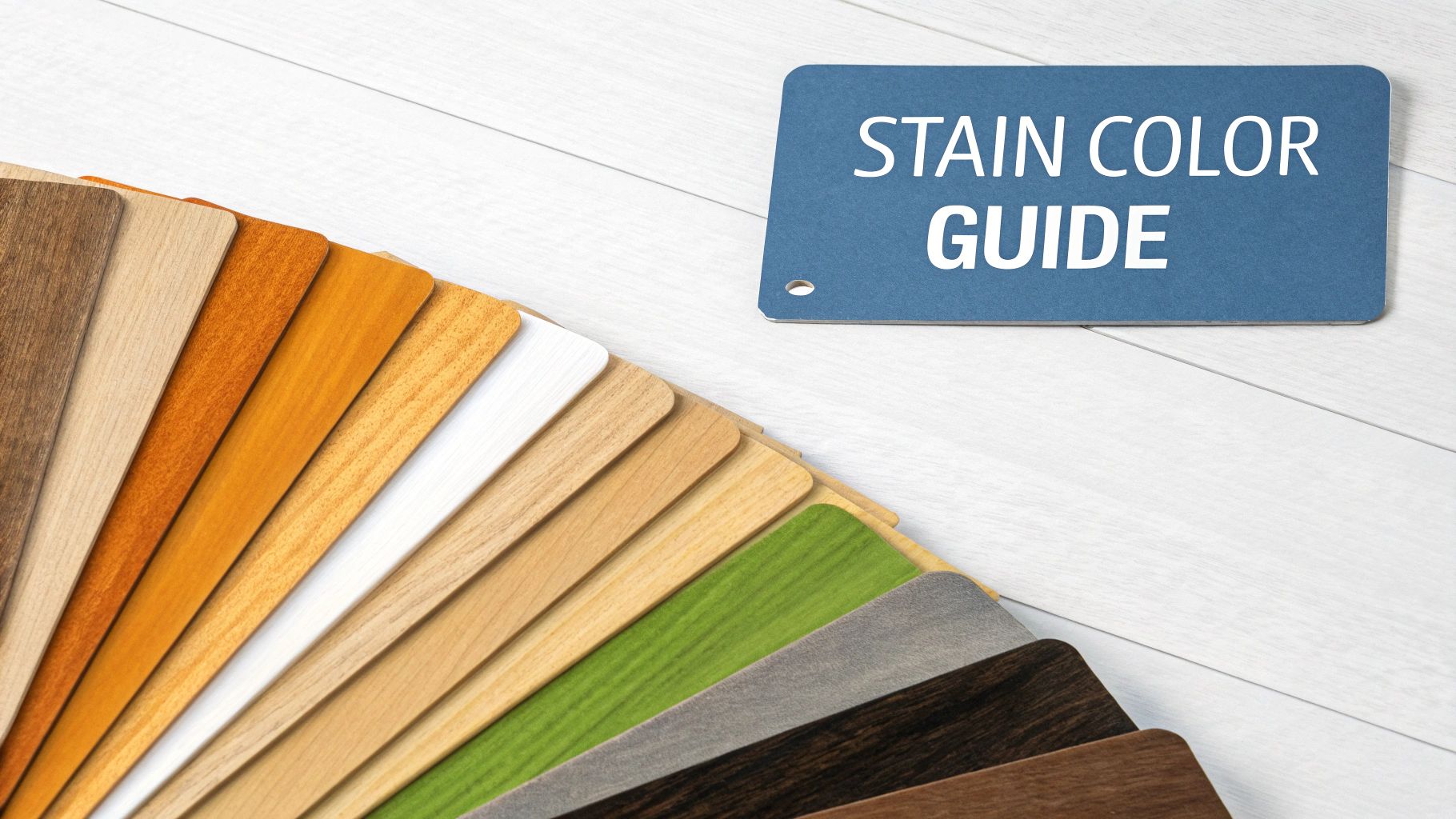 A blue card labeled "STAIN COLOR GUIDE" next to a fan deck displaying diverse wood stain samples.