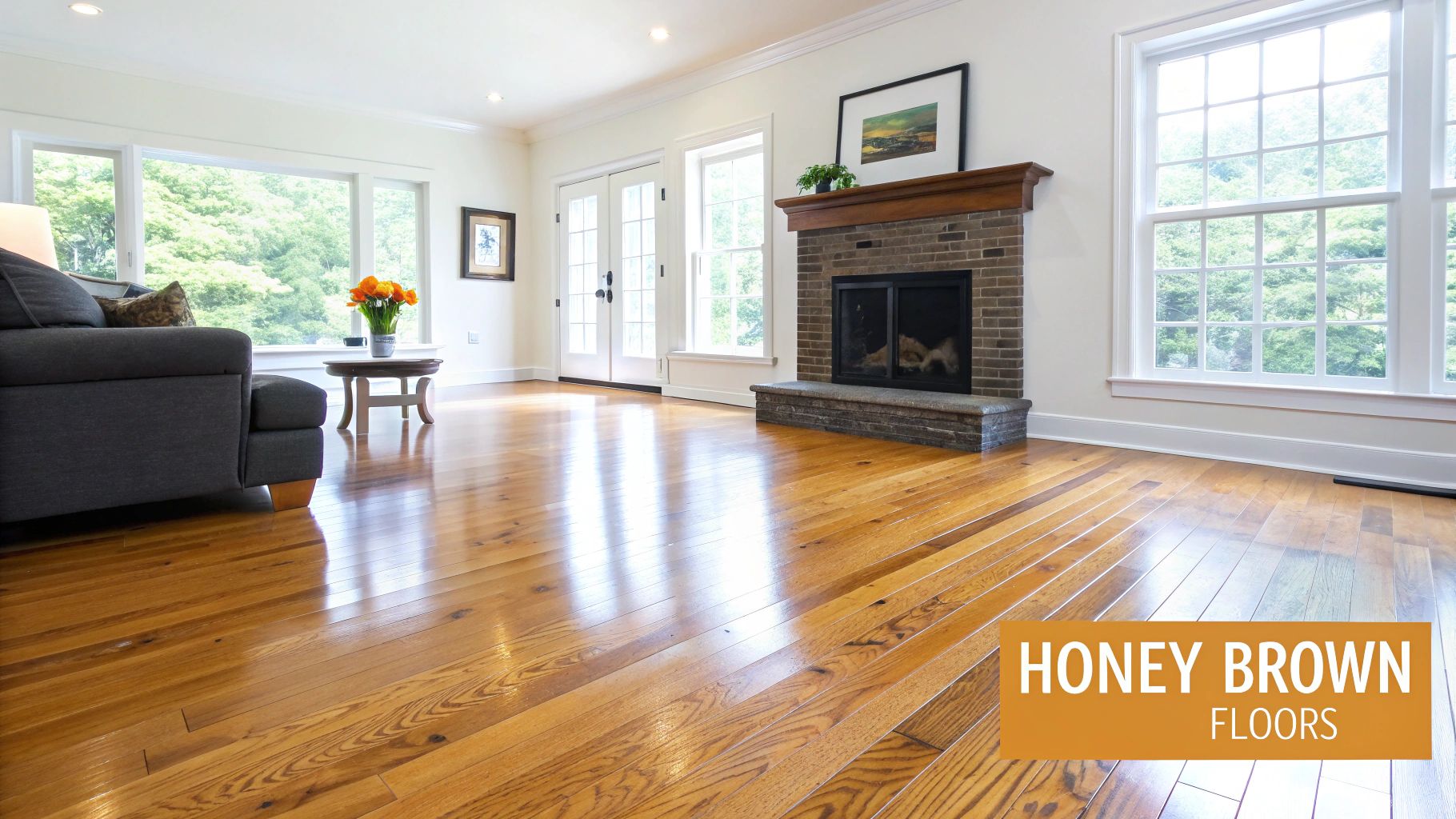 A bright living room with honey brown hardwood floors, a gray sofa, and a brick fireplace.