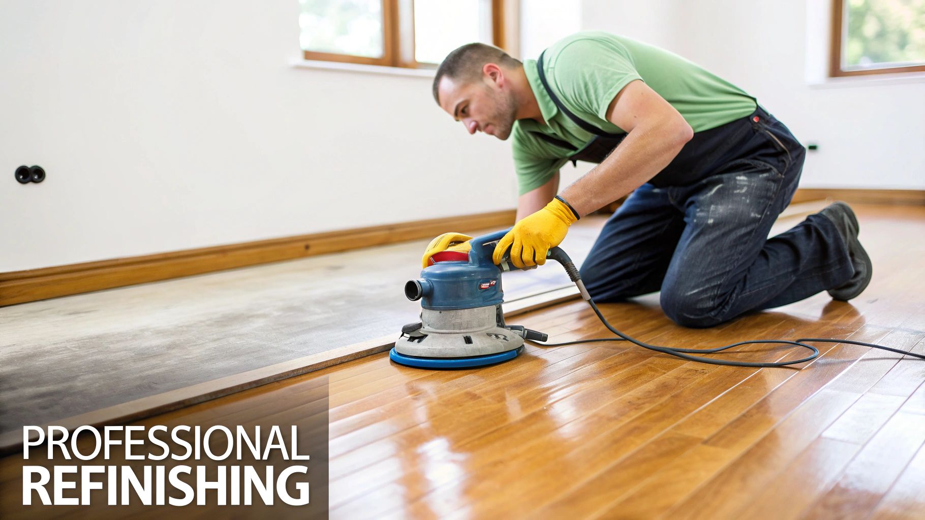 Man in yellow gloves refinishing a wooden floor with a professional sander, showing before and after sections.