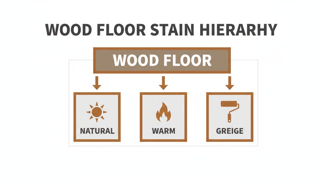 A hierarchy chart showing wood floor stain categories: Natural (sun), Warm (flame), and Greige (roller).