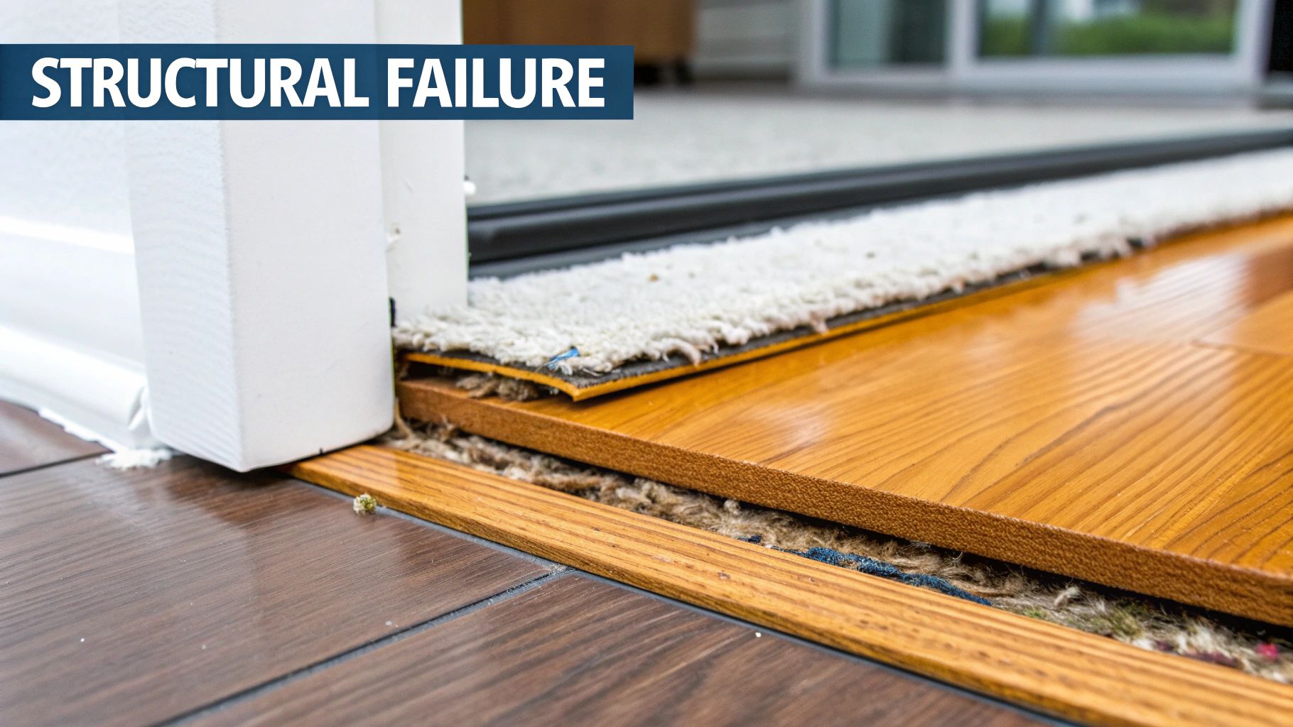 Close-up of a raised wooden floorboard revealing underlying carpet, padding, and subfloor, with the text 'STRUCTURAL FAILURE'.