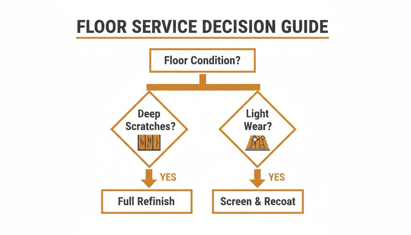 Floor service decision guide flowchart for hardwood floors, detailing steps for deep scratches or light wear.