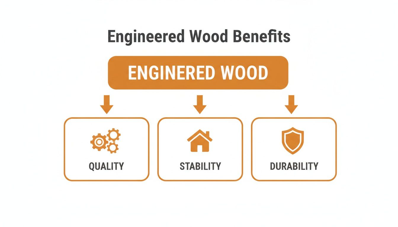 An infographic illustrating the benefits of engineered wood, highlighting quality, stability, and durability with icons.