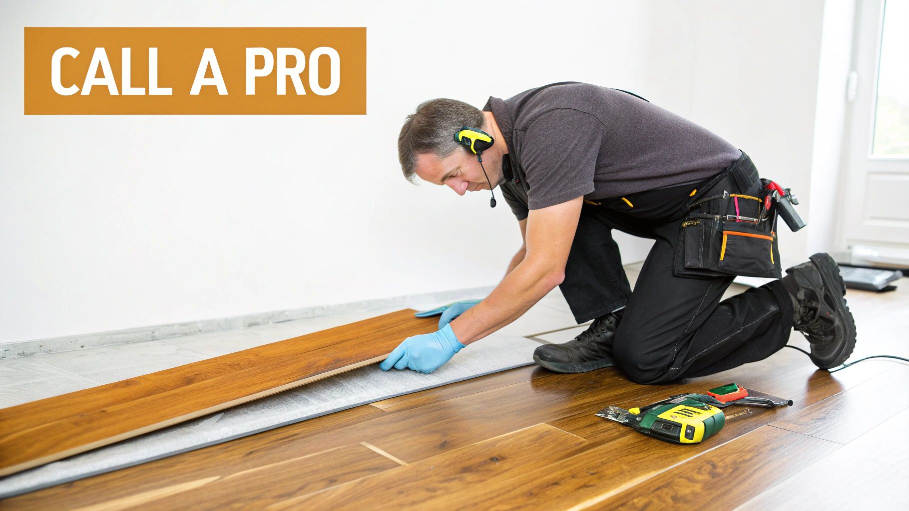 A professional installer kneeling to lay down new hardwood flooring planks in a room.