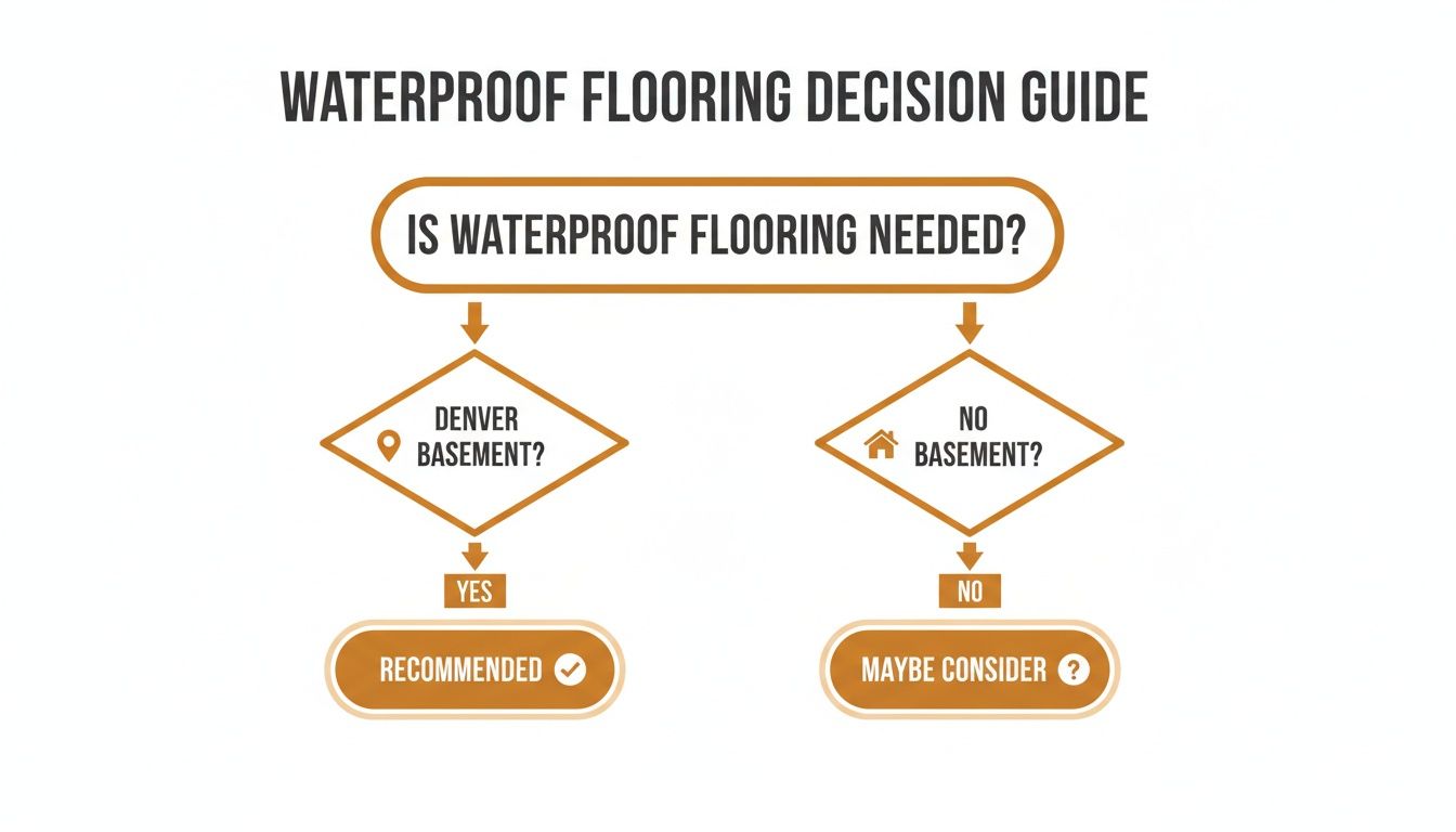 Decision guide flowchart on waterproof flooring need for Denver basements versus no basements.