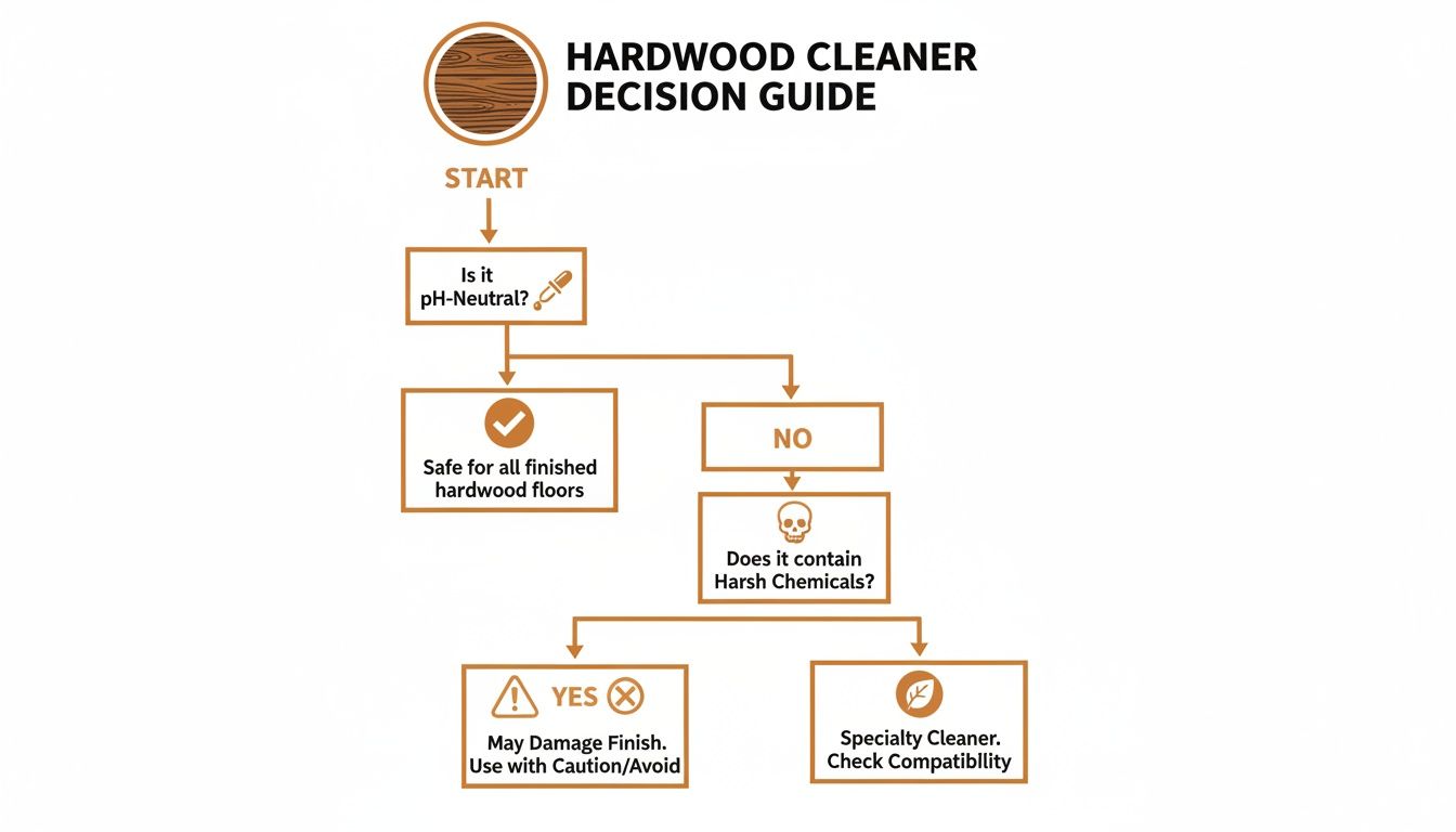 A hardwood cleaner decision guide flowchart, asking about pH-neutrality and harsh chemicals for safety.