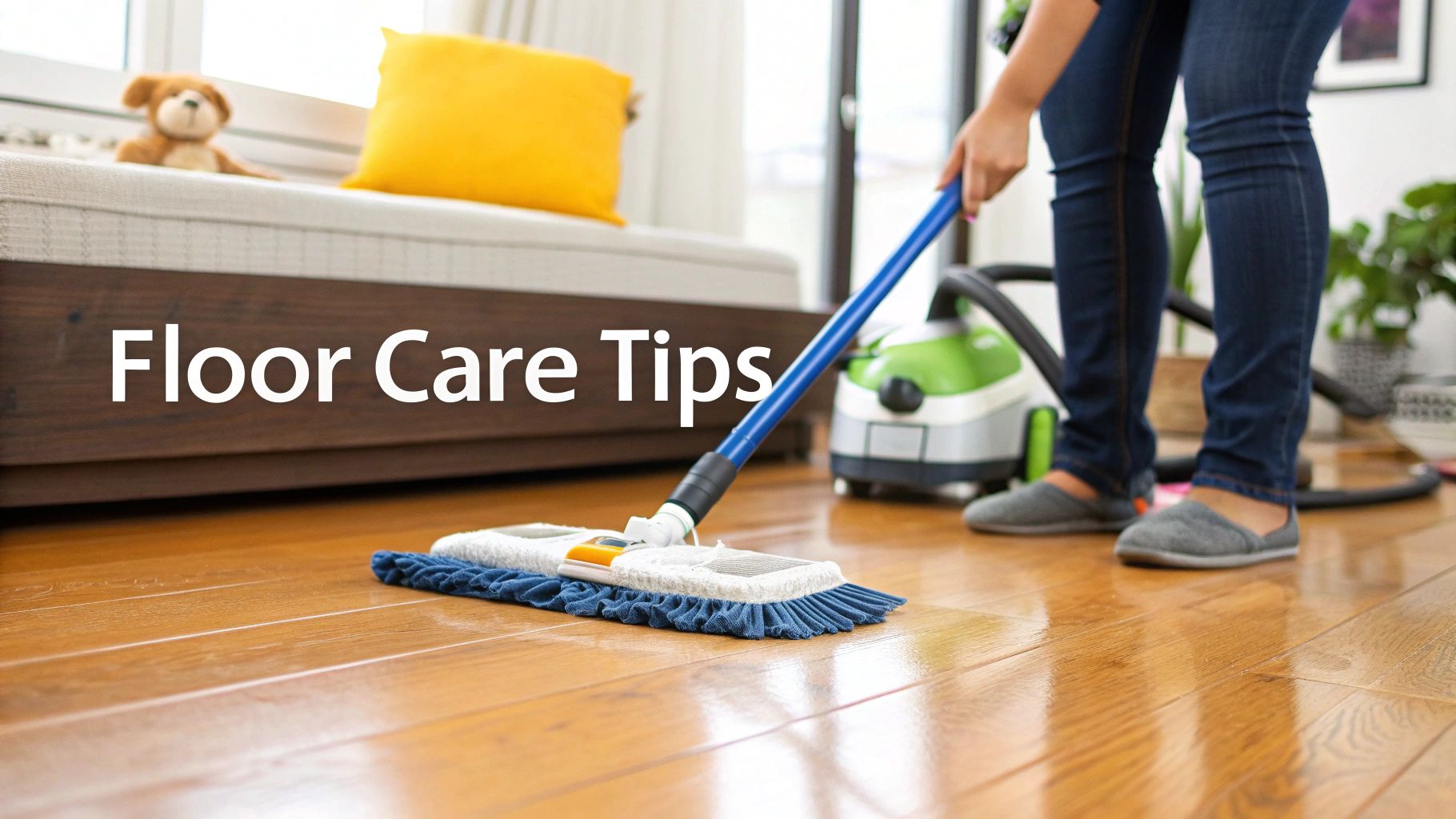 A person in jeans and slippers mops a polished hardwood floor as part of floor care.